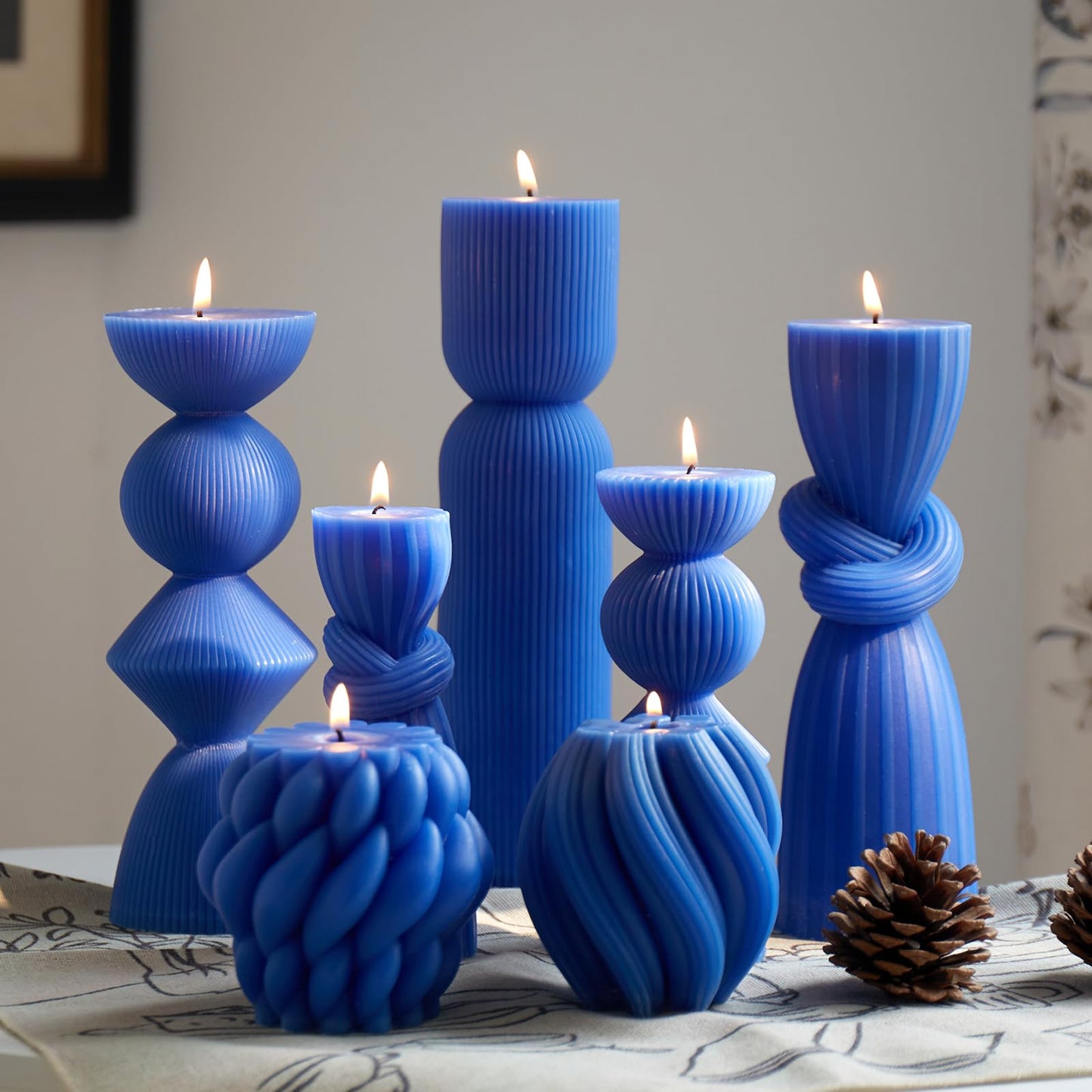 7 Pcs Large Ribbed Pillar Candles - Handmade Soy Wax Candles for Home Decor, Modern Shelf Decor, Housewarming Gift, Aesthetic Room Decor (Blue)