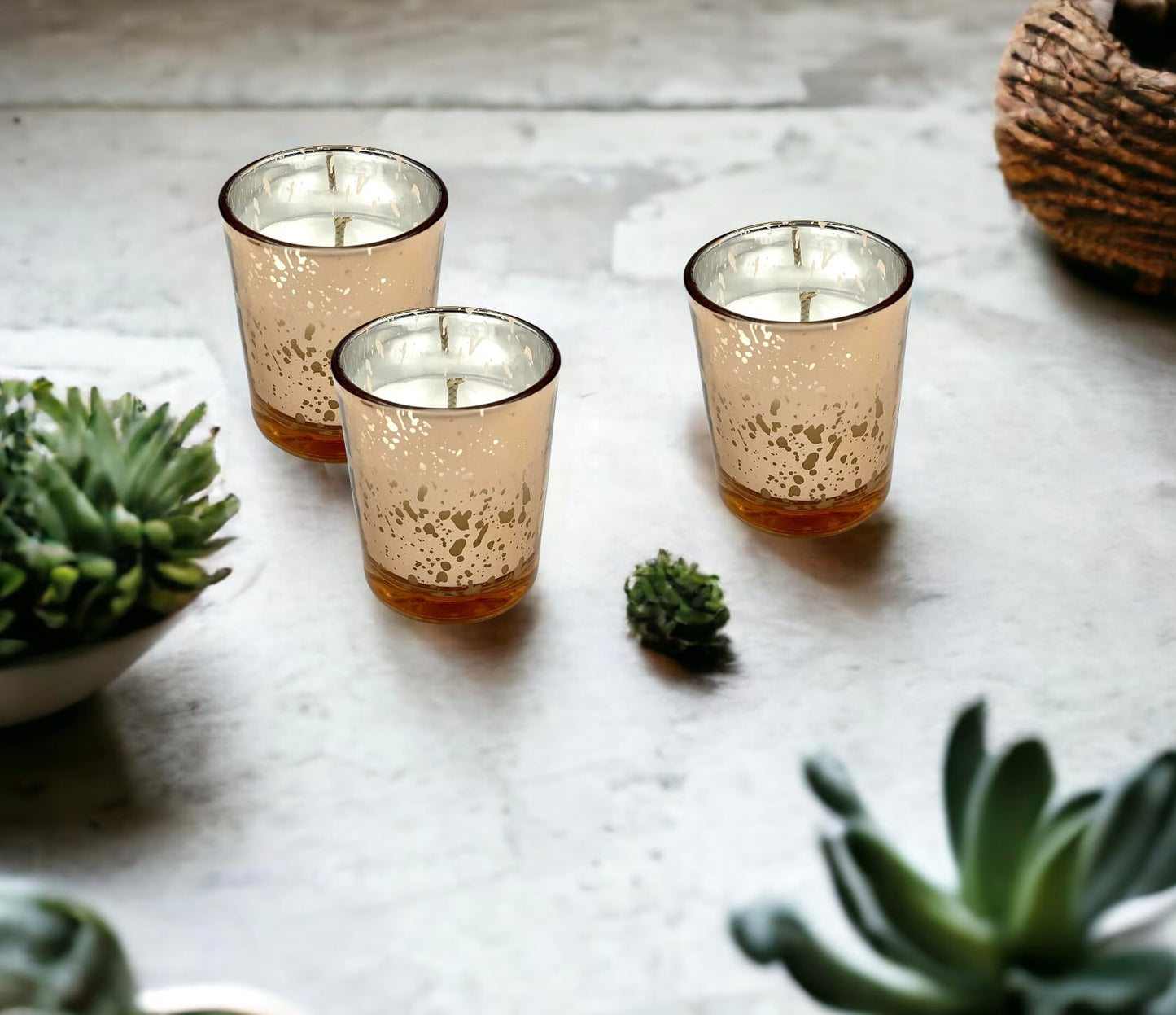 Mister Candle Unscented Rose Glass Votive Candles, Hand Poured 2" Mercury Glass Candle Jars for Home Décor, Wedding Centerpieces, Events, and More, Set of 12