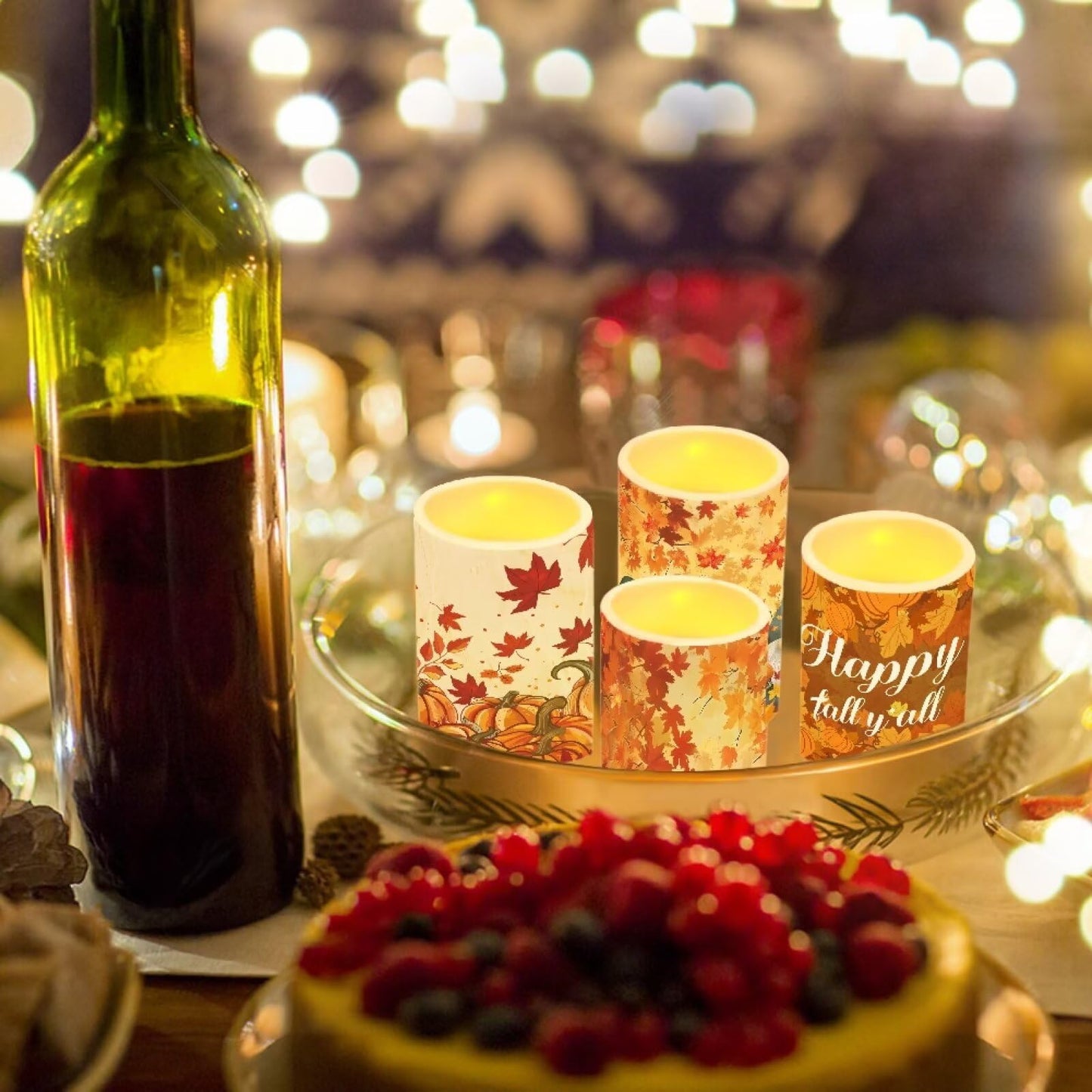 Merkmak 4 Pack Happy Fall Maple Leaves Flickering Flamless Candles with Remote LED Battery Operated Elictric Pillar Candles with Timer Control for Thanksgiving Party Decorations