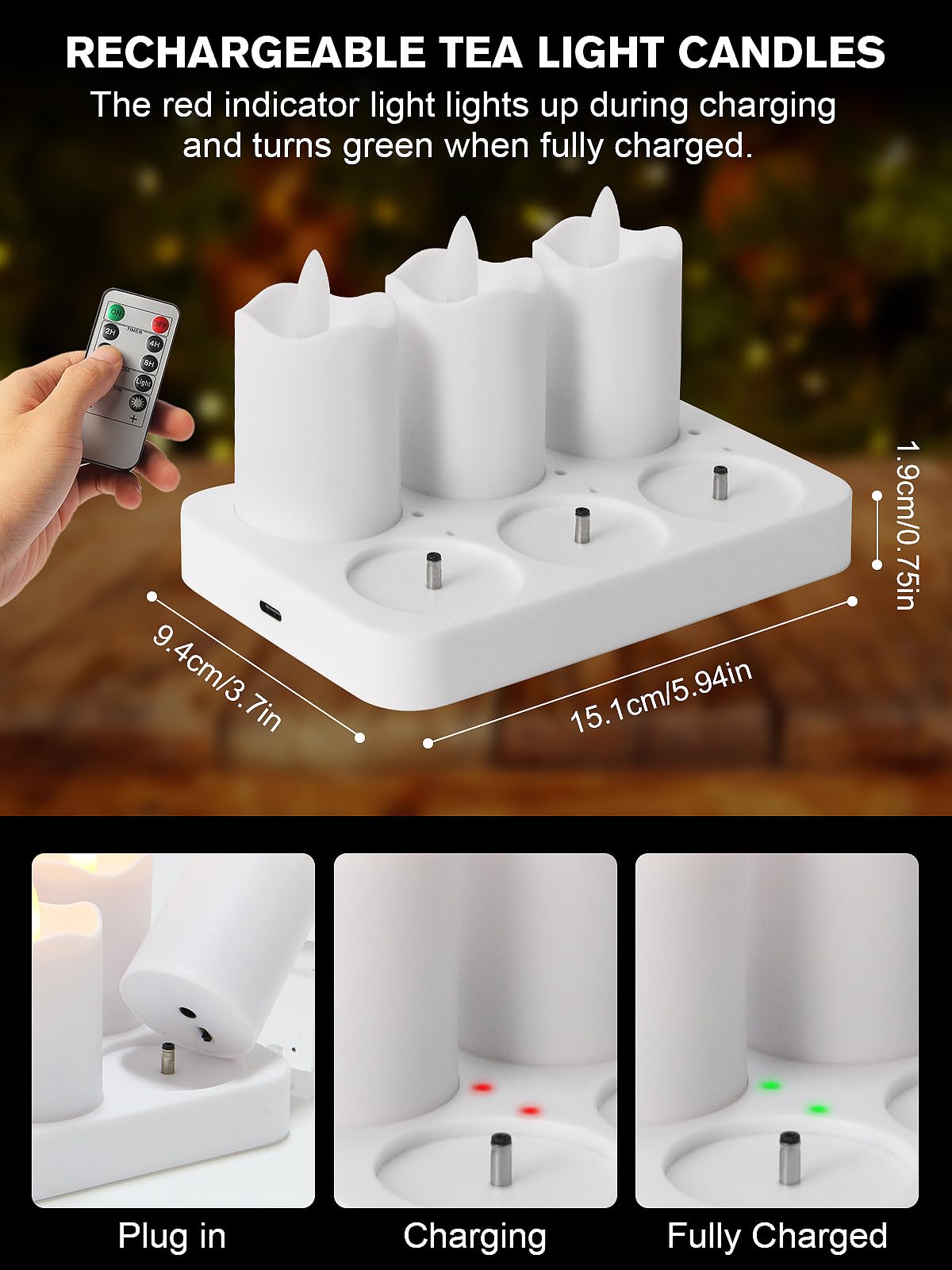 PIDZPOW Rechargeable Flameless Tea Lights Candles with Remote Timer, 1.5" x 2.6" LED Candles with USB Charging Base, Small Votive Candle Electric Fake Candle for Wedding Table Decor Dining (6 Pack)