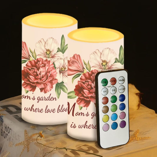 Luarisgur Flickering Flameless Candles Mothers Day Candles Battery Operated Candles with Remote Control Color Changing LED Pillar Candles Moms Garden is Where Love Blooms Decorations for Home