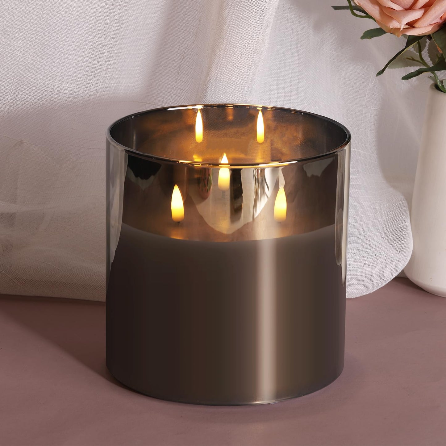 Girimax 3 Wick Grey Glass Flameless Candle with Remote, Large 6x6 inch LED Pillar Candle Battery Operated Flickering