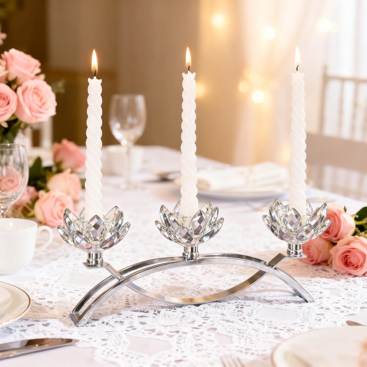 Crystal Lotus Candle Holders, Silver Table Centerpiece 11.4 in, 3-Head Lotus Candlestick with Glass Petals, Elegant Nickel-Plated Metal for Home Decor, Wedding, Dining
