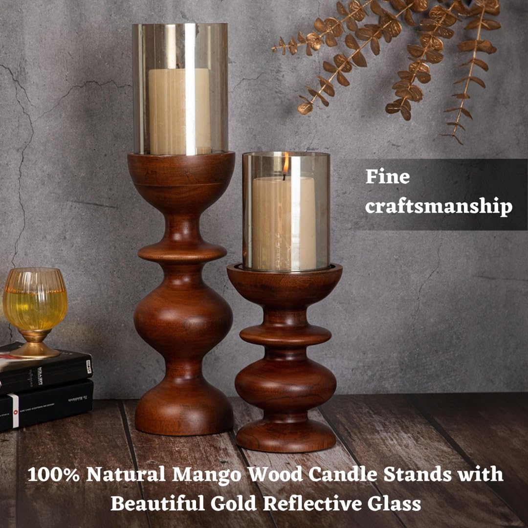 Dreamy Walls Wood Candle Holders, Set of 2 (Two Sizes) - Farmhouse Boho Pillar Candle Stands with Glass Covers, Handmade Wood Table Centerpiece Decor