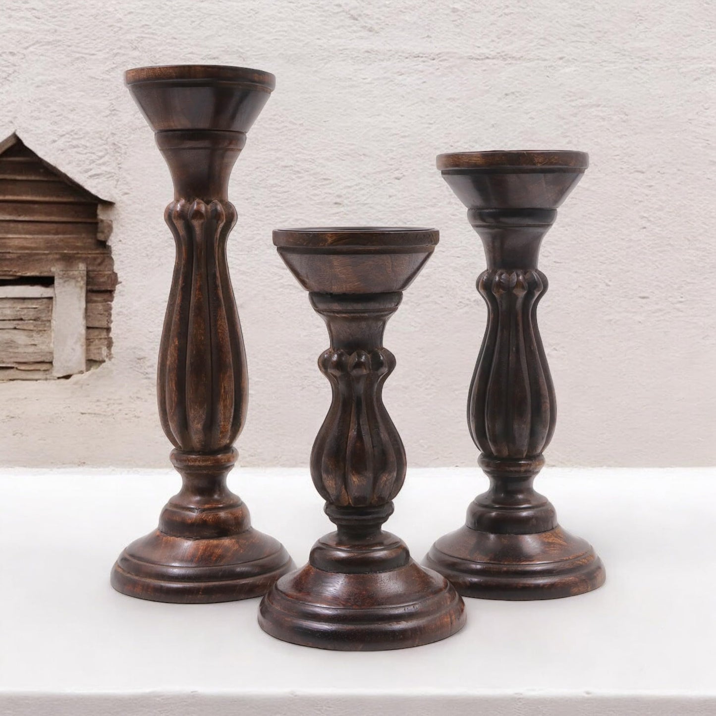 Hosley Set of 3 Dark Brown Wood Pillar Candle Holders 13 Inches 11 Inches and 9 Inches High Ideal for LED and Pillar Candles Gifts for Weddings Party Home Spa Reiki Aromatherapy