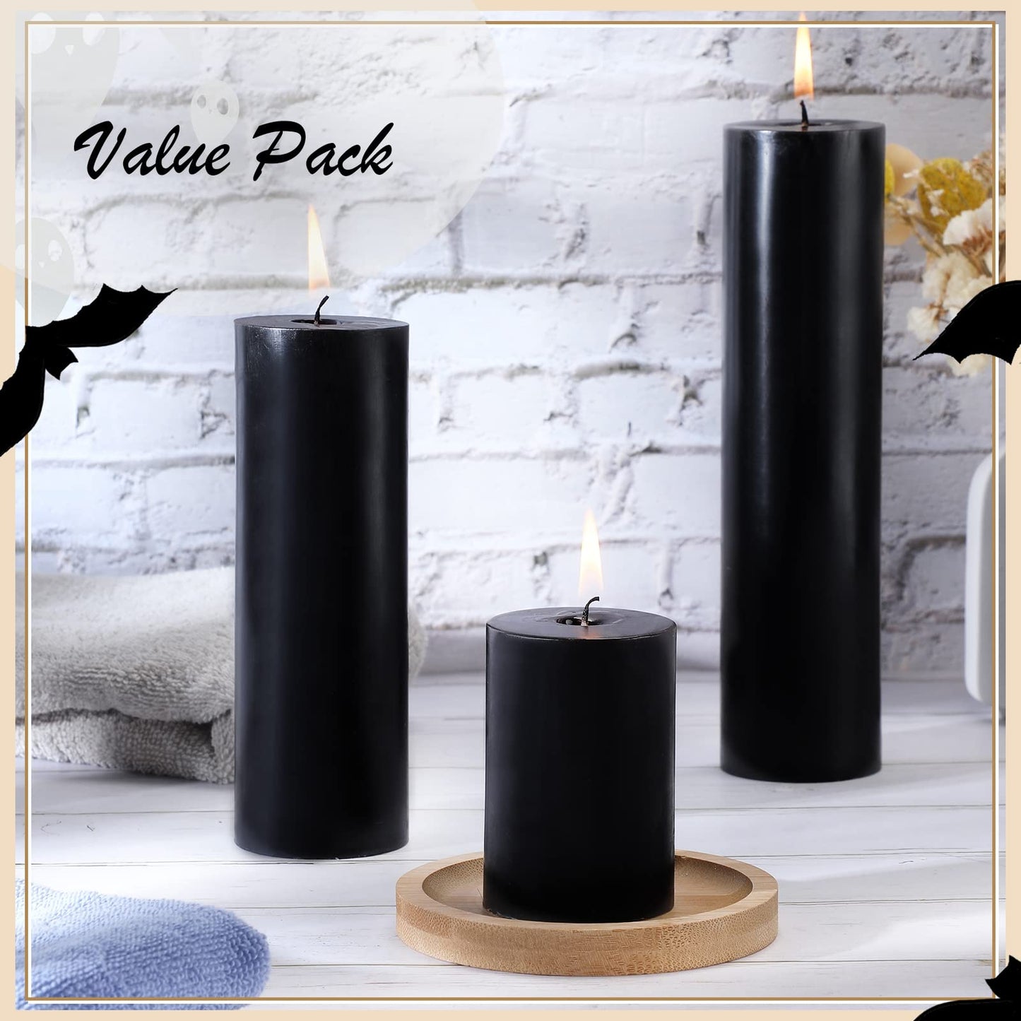Lounsweer 12 Pcs Pillar Candles Bulk for Wedding Unscented Pillar Candles 3 Set 2 x 3/6/8 Inch Multi Size for Weddings Engagement Spa Home Party Events Ceremony(Black)