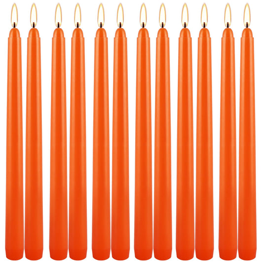 10 Inch Orange Slender Taper Candles Set - 12 Pcs Dripless, Smokeless with Cotton Wick, Ideal for Halloween,Thanksgiving,Dinner, Weddings & Home Decor.