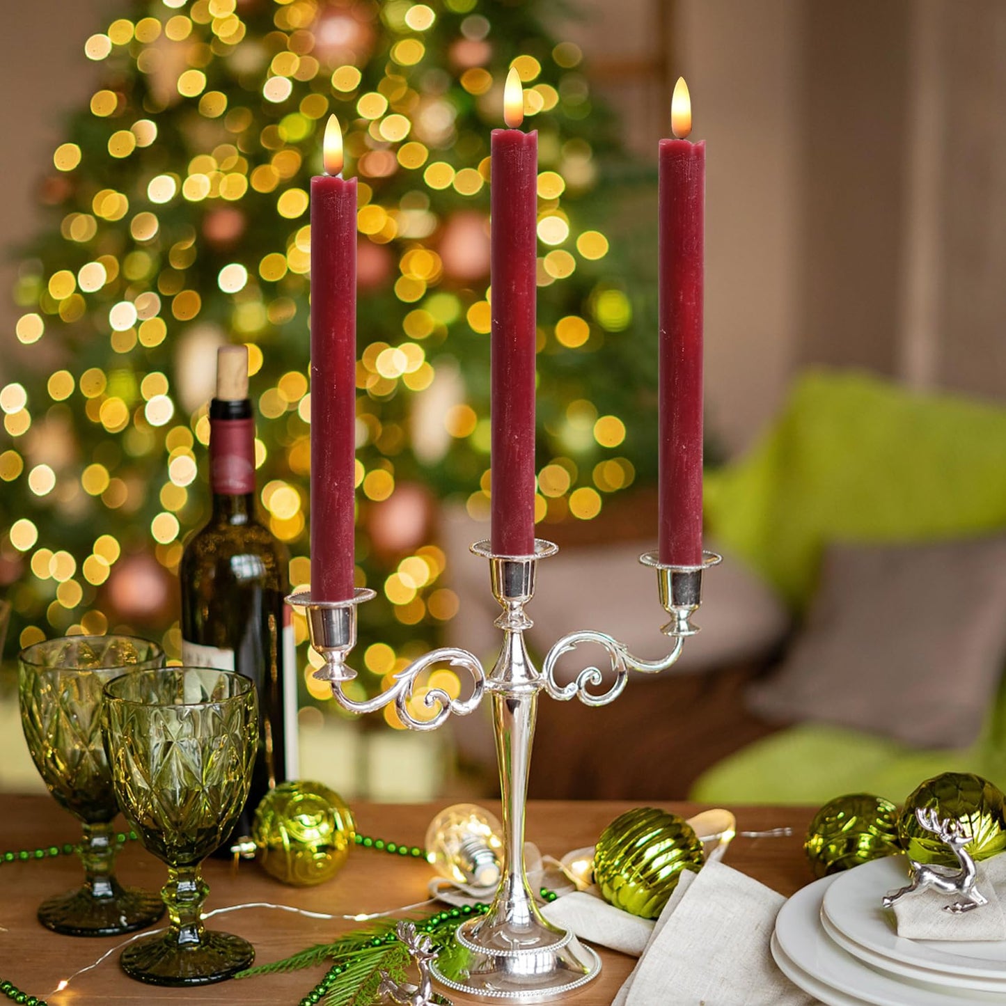 Wondise Flameless Taper Candles with Timer, 2 Pack Battery Operated Flameless Flickering Candles Real Wax Burgundy LED Candle for Christmas Wedding Dinner Decorations