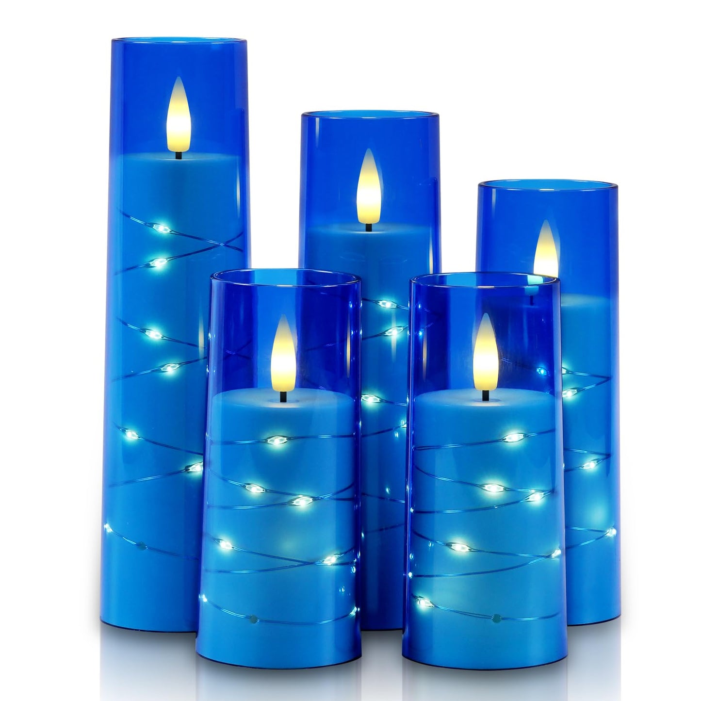 Raycare Independence Day Flameless Candle with Remote Timer – 5 Flickering Acrylic Battery Operated LED Pillar Candles with Embedded Star String for 4th of July Home Patriotic Decor, as a Gift (Blue)
