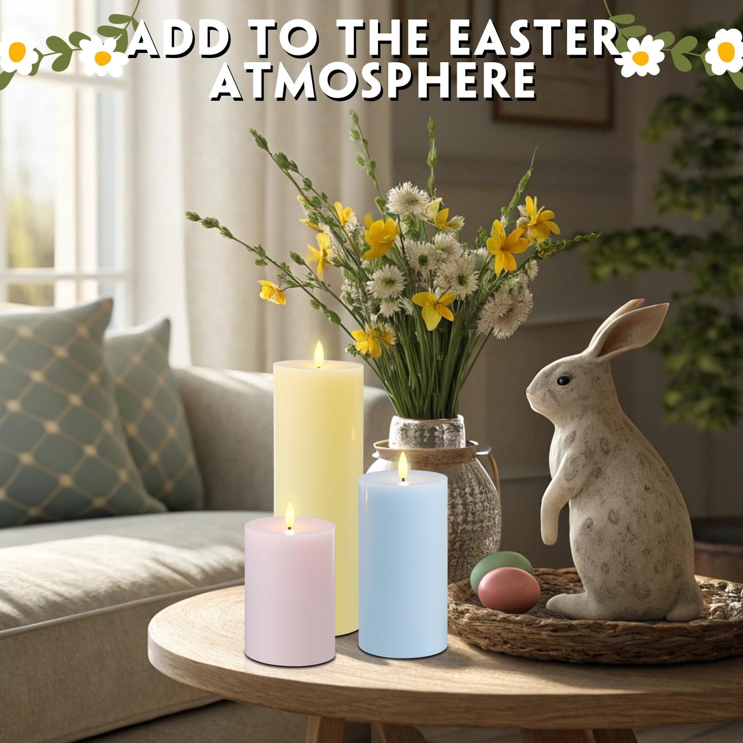 Retisee 3 Pcs Easter Large Flameless LED Battery Operated Candles with Remote and Timer Real Wax Candles for Indoor Outdoor Party Wedding Lights Decorations, Yellow, Pink, Blue