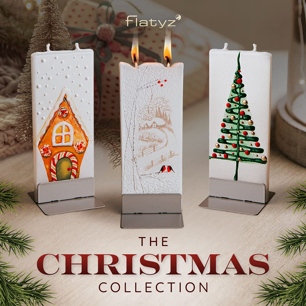 FLATYZ Handmade Christmas Candle - Classic Tree & Ornaments | Unscented, Drip-Resistant & Smoke-Free 2 Wick Candle for Home & Room Decor | Hand Painted, Flat Decorative Candles | Steel Stand Included
