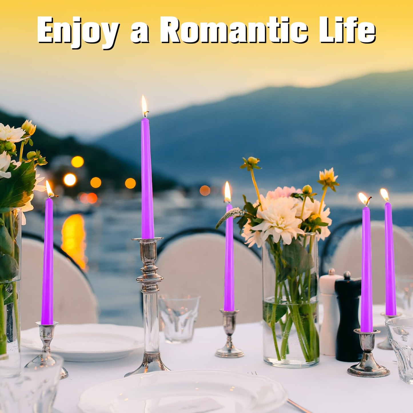 IJRPLM 24 Pack Taper Candles, 10 Inch Purple Tapered Candles, Tall Candlesticks, 10 Hour Burn Tim, Unscented, Smokeless and Dripless, Candle Sticks for Wedding Dinner Parties Home Decor