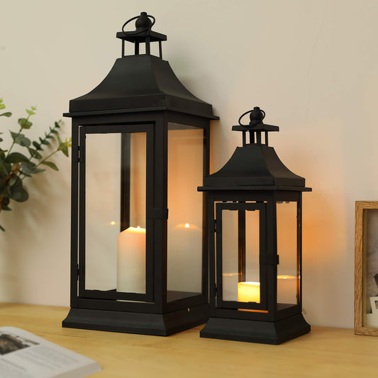 JHY DESIGN Set of 2 13''&19.5''Tall Outdoor Candle Lanterns Vintage Hanging Tower Lantern Metal Candle Holder for Garden Living Room Indoor Outdoor Parties Weddings Balcony(Black)