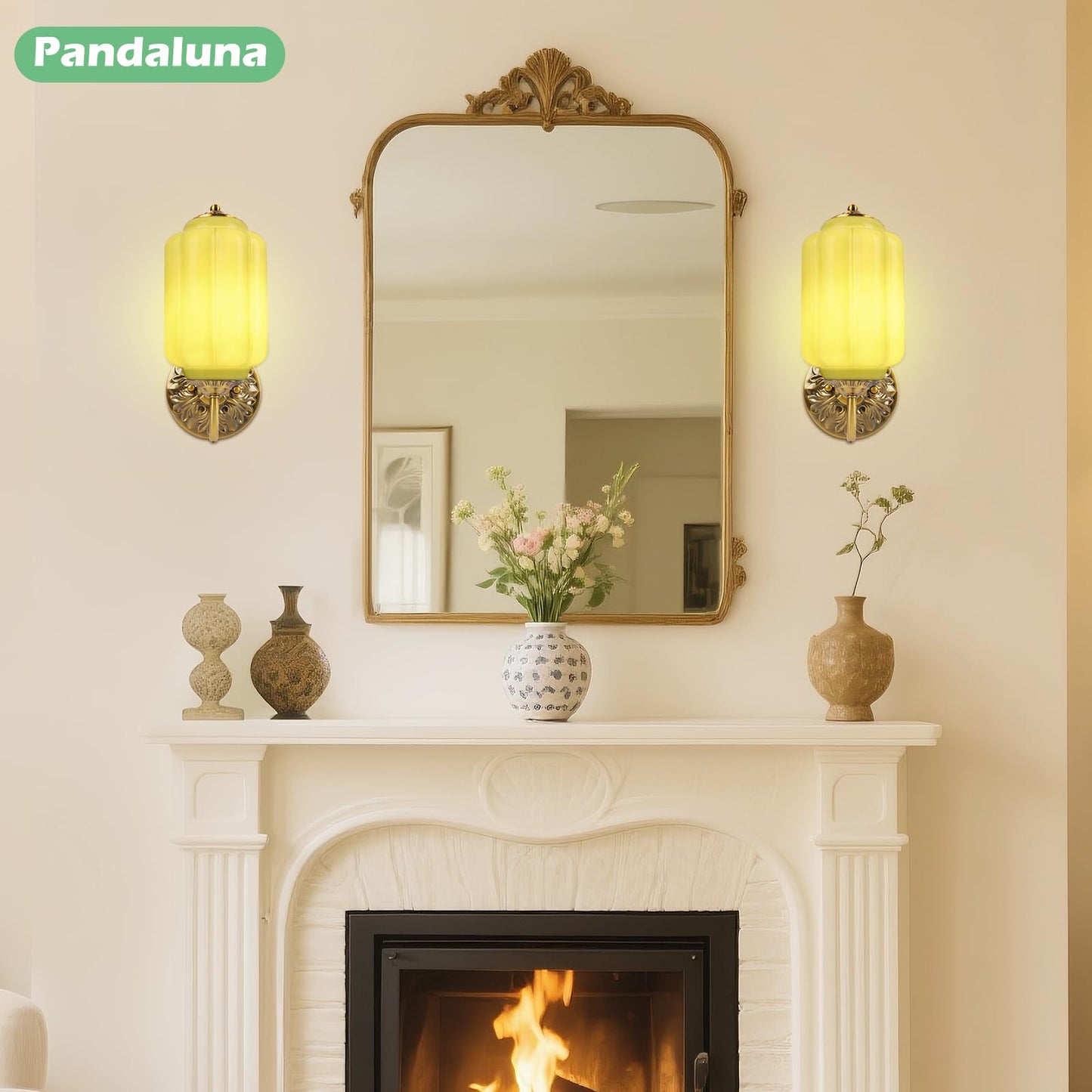 Pandaluna Vintage Wall Sconce, White Milk Glass Light Fixture, 5.5In Art Deco Antique Wall Sconce for Bedroom Bathroom Living Room Hallway Entryway, E12 LED Bulb Included, Antique Gold & White 2 Pack