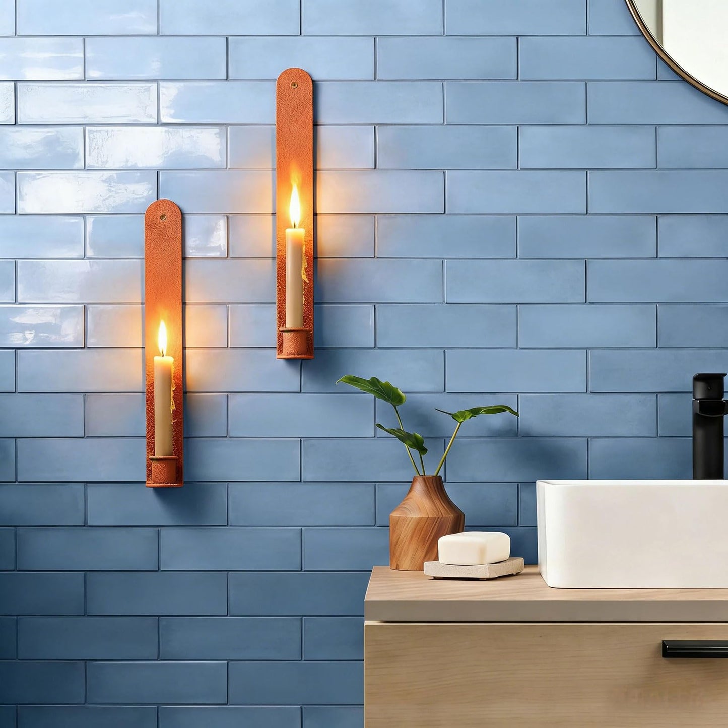 AimtoHome Wall Candle Sconces Set of 2, Classic Iron Farmhouse Holders for Taper Candles, Rustic-Textured Powder-Coated Wall Mounted in Orange for Living Room, Hallway Decor