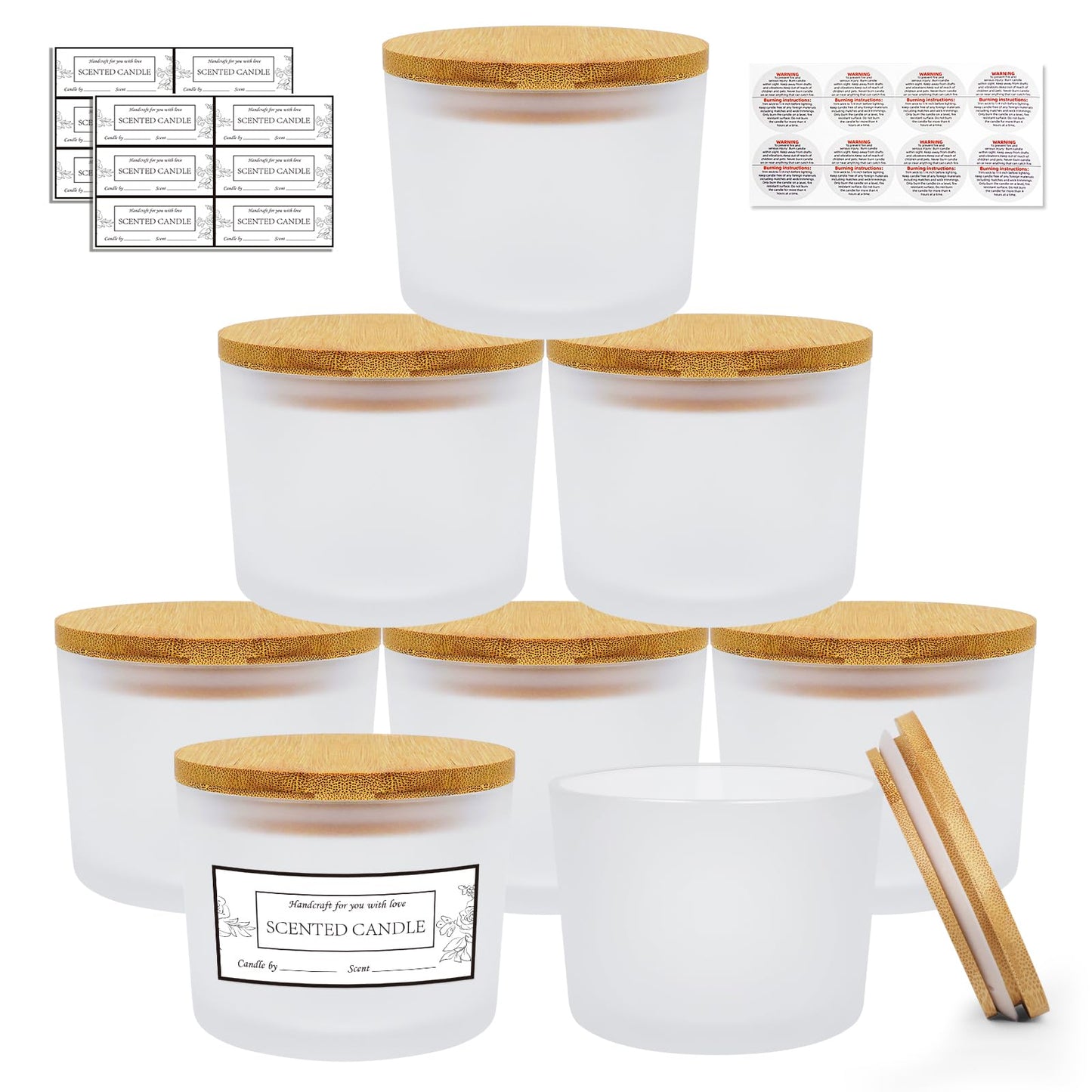 CONNOO 8 Pack 12 OZ Frosted Glass Wide Mouth Candle Jars for Making Candles with Airtight Bamboo Lids Nice Sticky Warning Labels for Candle Making Empty Container Bulk - Dishwasher Safe
