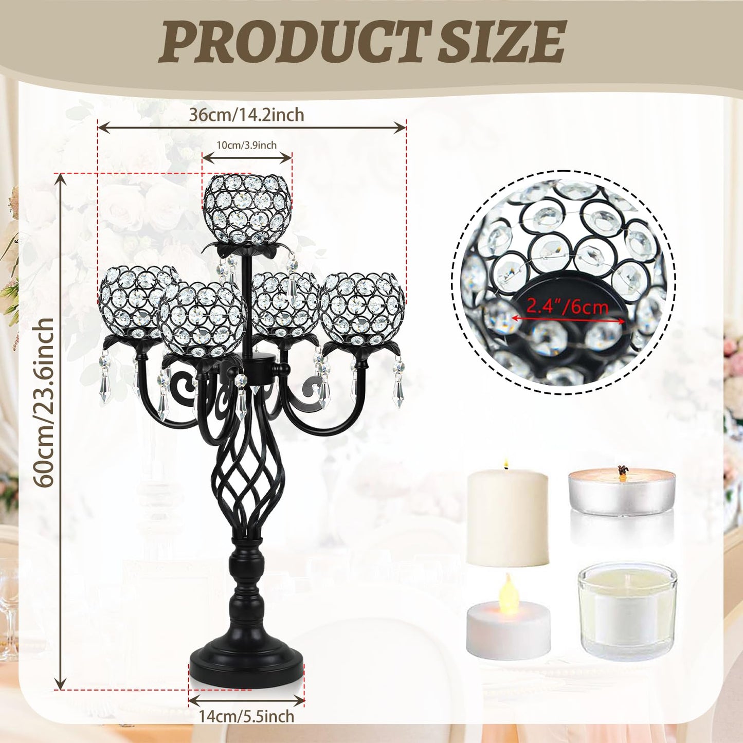 Kehail 5-Arm Crystal Candelabra Centerpiece 23.2" Tall - Elegant Candle Holder Stand with Crystal Bowl, Chic Table Decor for Weddings, Parties, Anniversary & Home Decoration (4, Black)