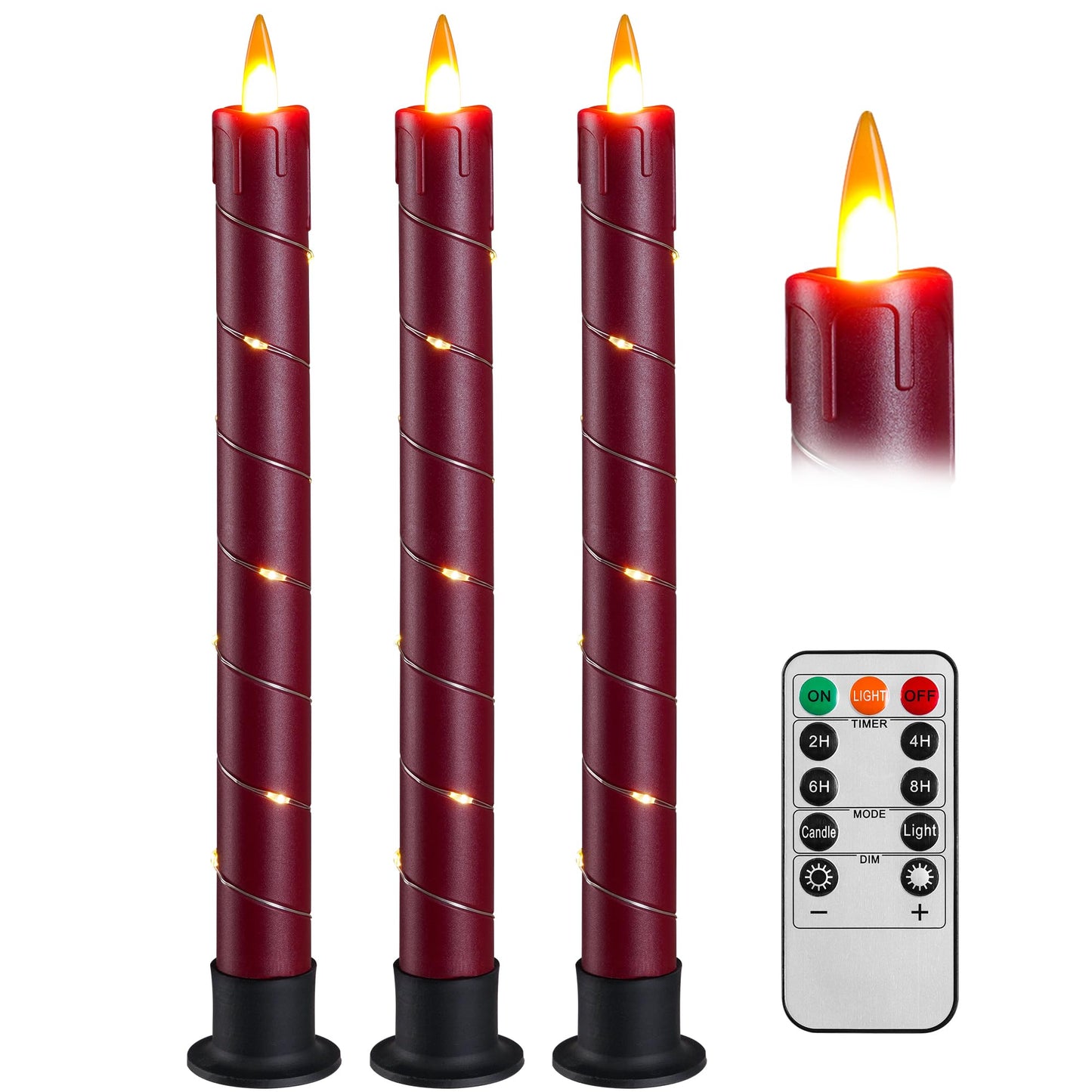 Da by 3 Pack Red Dripping Wax Flameless Candles, Realistic Dynamic Flame LED Taper Candles with Surrounding Fairy String Lights, Remote Control Battery Operated Candles for Home Wedding Holiday Decor