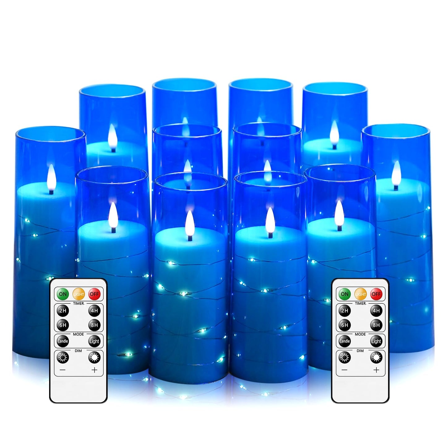 Sasigeiaa Flameless Candles with Embedded Star String - Battery Operated LED Candles, with Remote,12 Blue Flickering Candles for Christmas, Weddings, Home Decor & Party,(D 2.3"×H 5" 6" 7")
