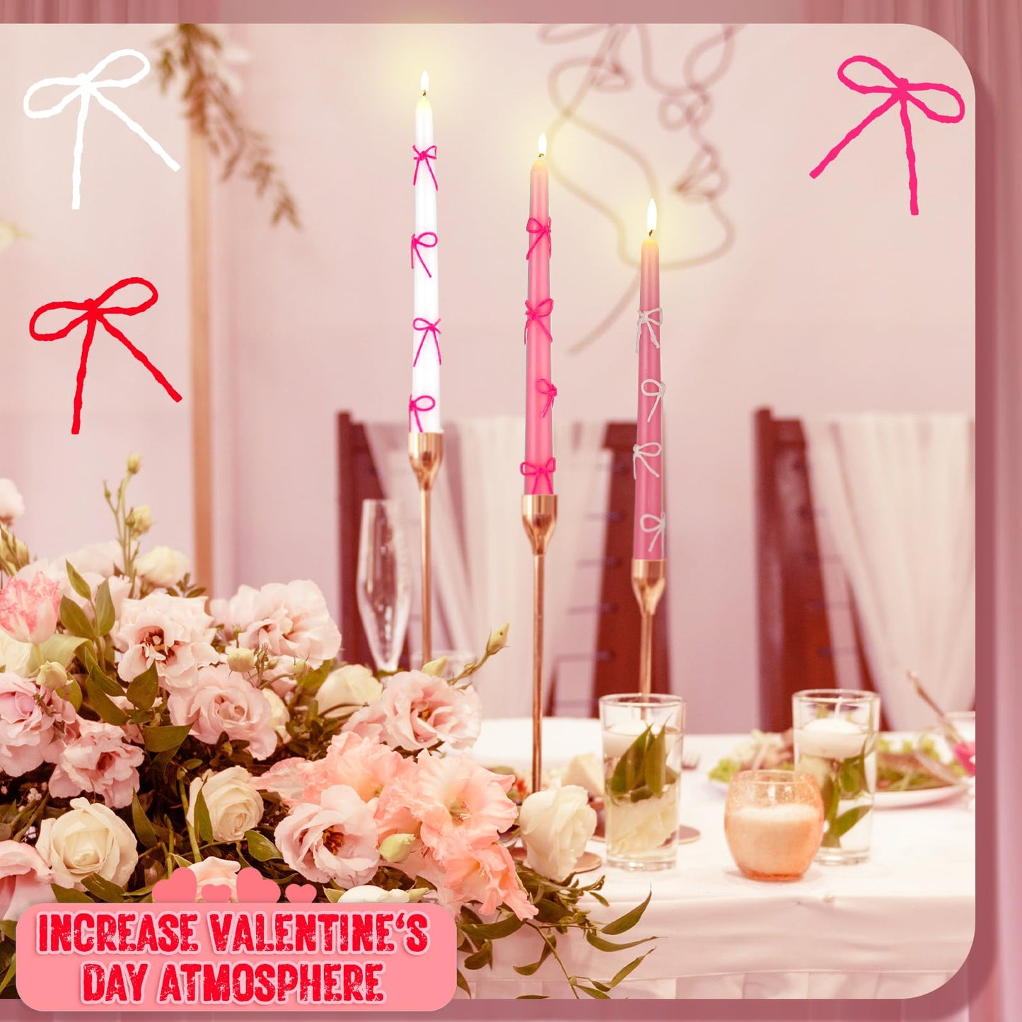 Conelist 12 Set Pink Bow Taper Candles Coquette Birthday Decoration Candles Pink Candlesticks with Wax Stick for Bridal Shower Wedding Dinner Decorations for Birthday Anniversary Party
