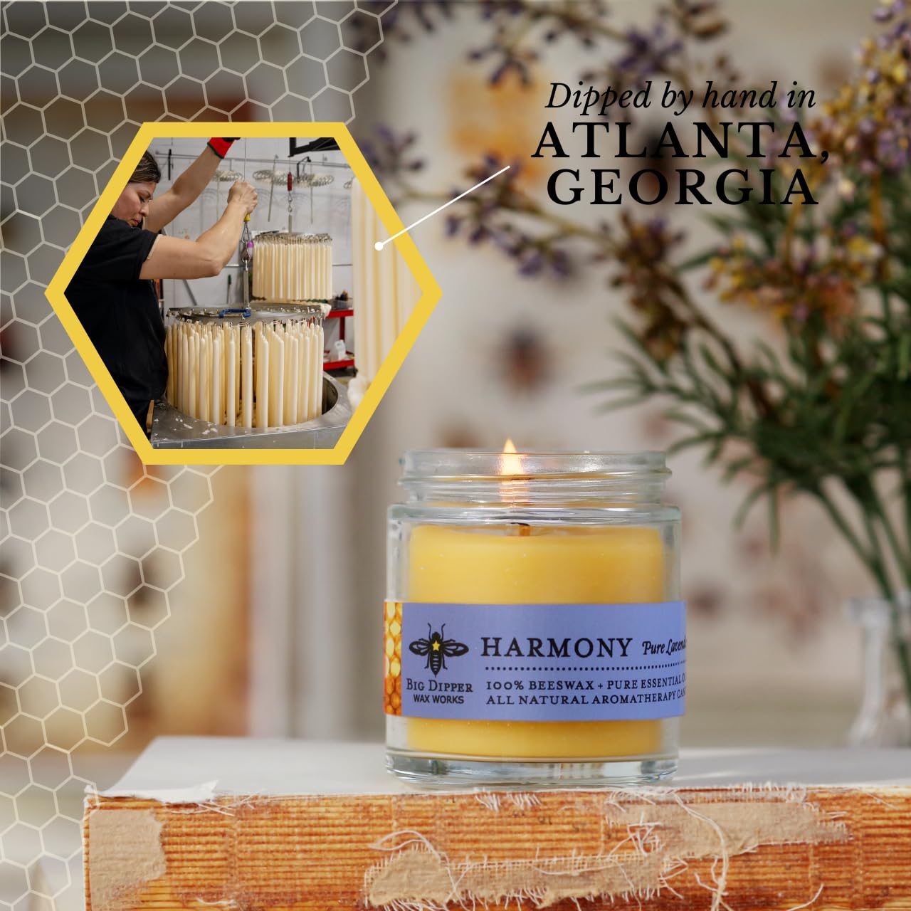Big Dipper Wax Works Beeswax Aromatherapy Candle – Harmony - Pure Lavender, 3.2 oz Apothecary Glass, 2" x 2.5" – Natural Relaxing Scent, Clean 20 Hour Burn, Eco-Friendly & Hand-Poured