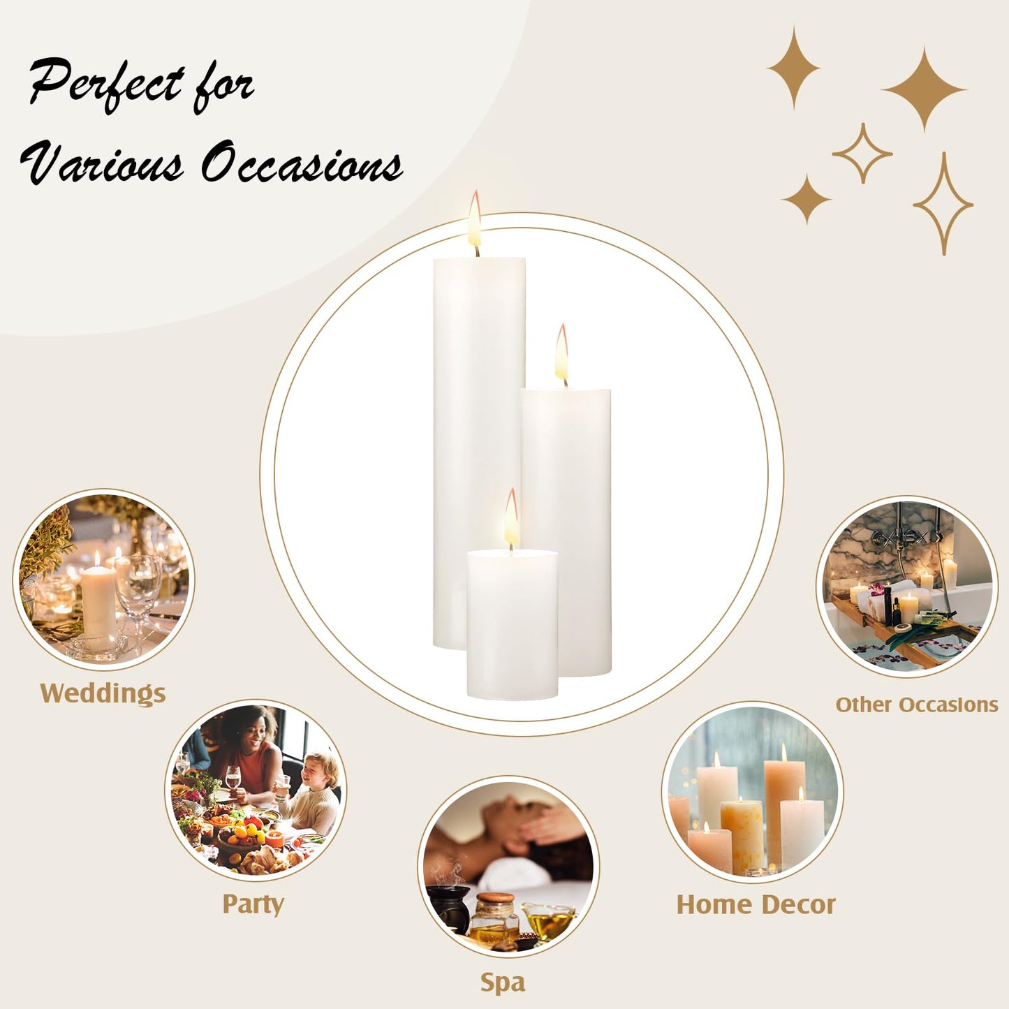 Nuogo 24 Pcs Ivory Pillar Candles Bulk Set of 3 Long Burning Wax Pillar Candles 2 in x 3, 6, 8 Inch Dripless Unscented Smokeless for Wedding Party Spa Lantern Fireplace Home