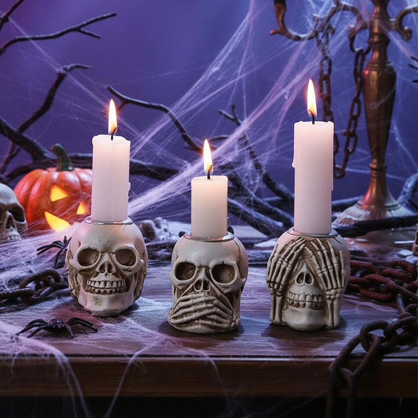 Helloween Skull Candle Holder Set of 3 Skeleton Head Candlestick Holders,Resin Skull Decor for Home Tabletop Spooky Theme Party Decor Supplies