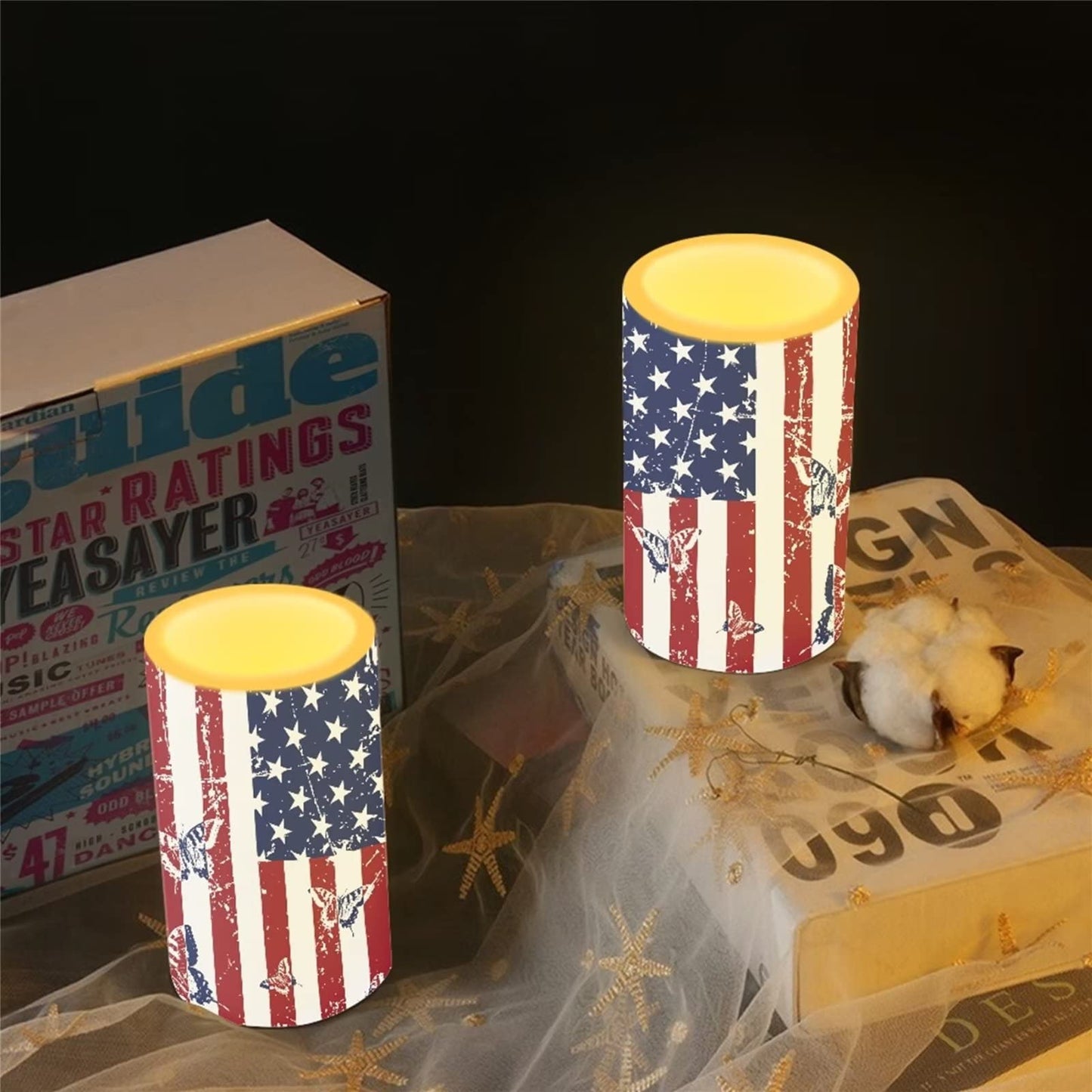 Cozeyat US Flag Print Flameless Candles 2 Pieces Tealights Battery Operated,Flickering Realistic Votive Tea Lights Moving Wax Pillar Electric Candles for Parties,Home Decoration