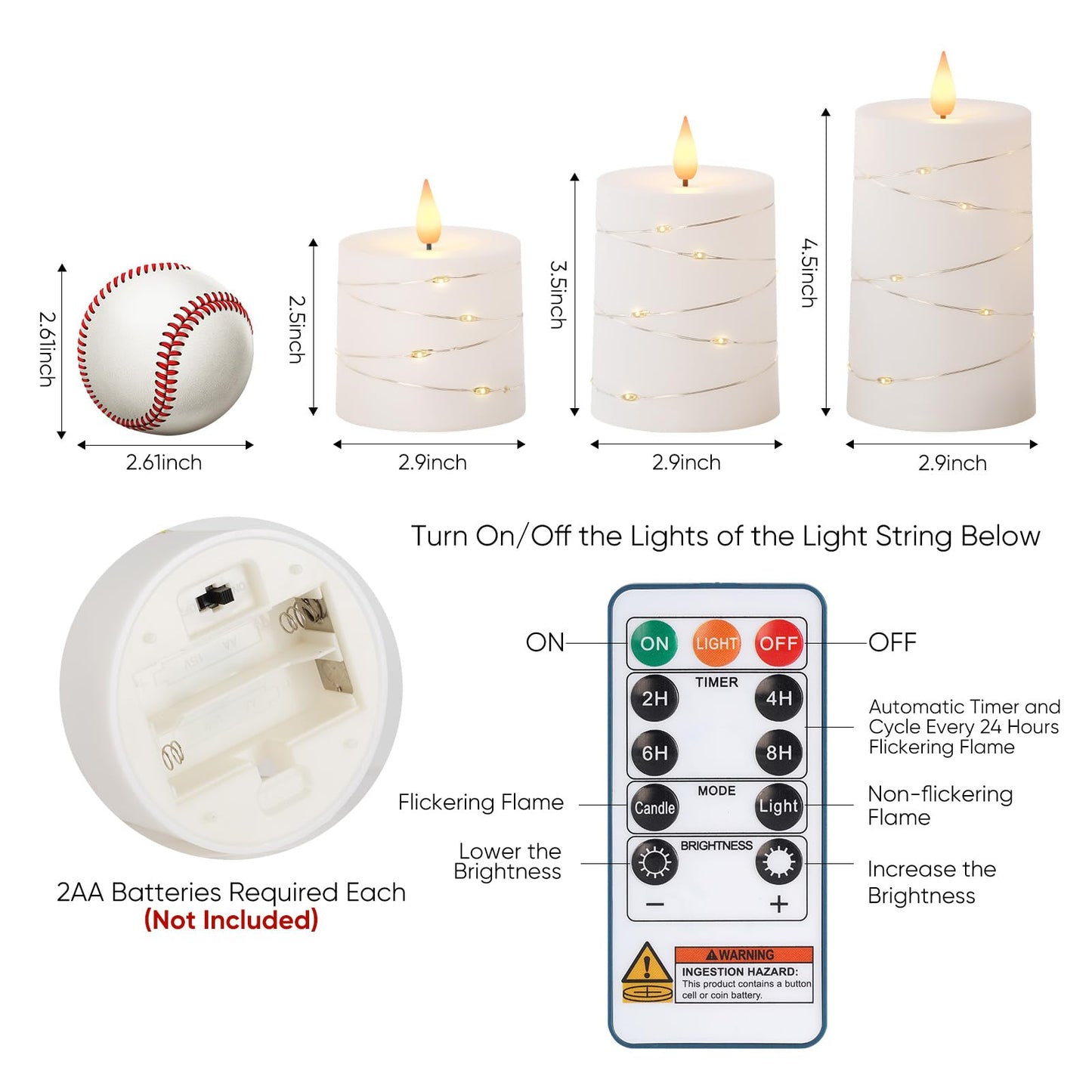Raycare Flameless Candles with Remote Timer, Flickering Battery Operated LED Pillar Fake Candle with String Lights for Home Decor, Christmas, Wedding and Gift, White, Set of 3