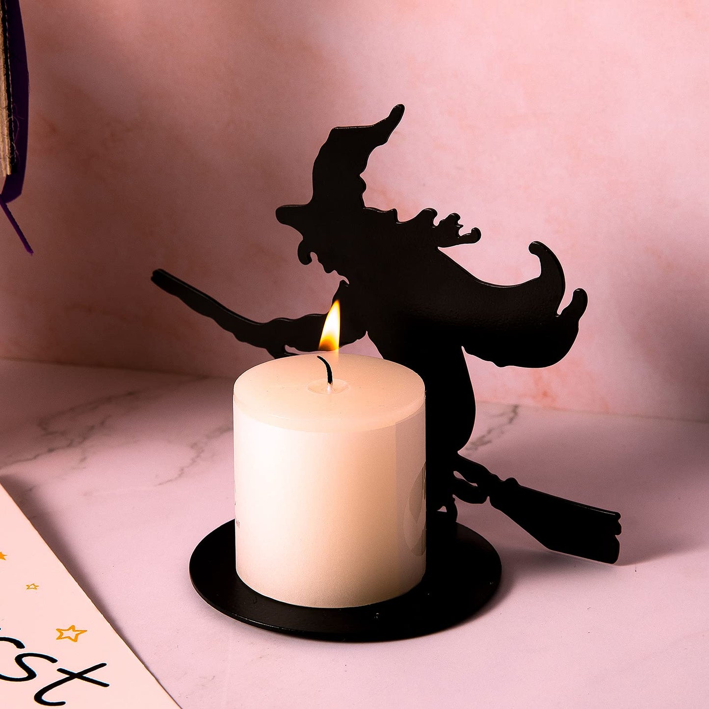 2 Set Halloween Candle Holder Spooky Witch with Cauldron Broom Black Candlestick Pedestal All Hallows Eve Table Centerpiece Table Decor