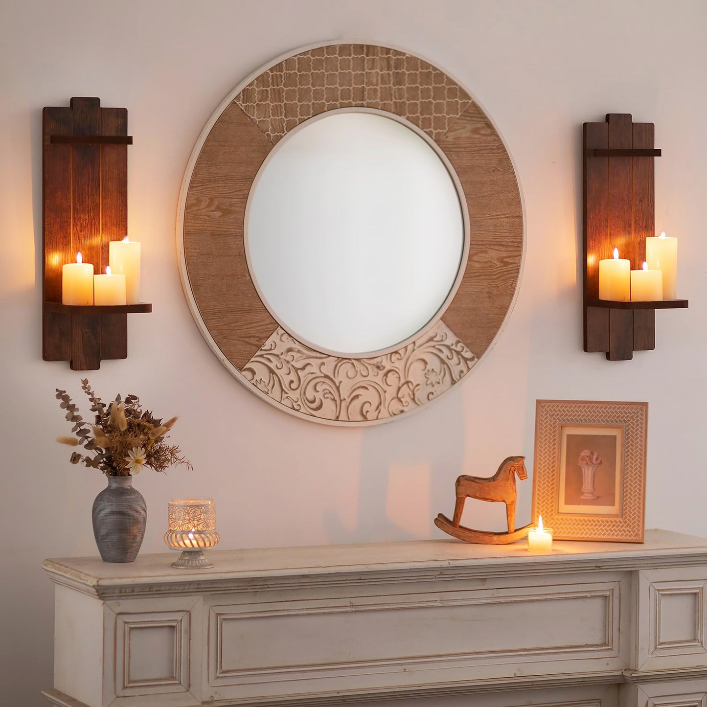 Walasis Large Candle Sconces for Farmhouse - 19.7 Inch Wood Candle Holder Wall Decor Set of 2 - Rustic Wall-Mounted Floating Shelf for Fireplace Mantel Bedroom Living Room