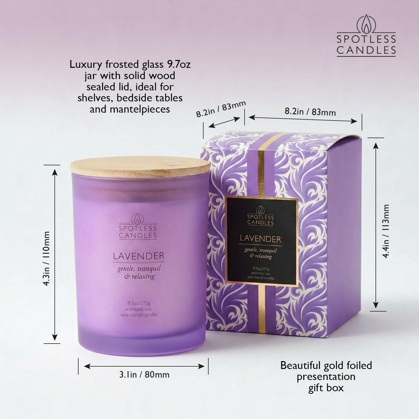 Lavender Candle; 9.7 oz:, 55 Hrs Burn Time, Soy Wax Purple Frosted Jar with Crackling Wooden Wick & Luxury Gift Box: Lavender Scented Candle by Spotless Candles