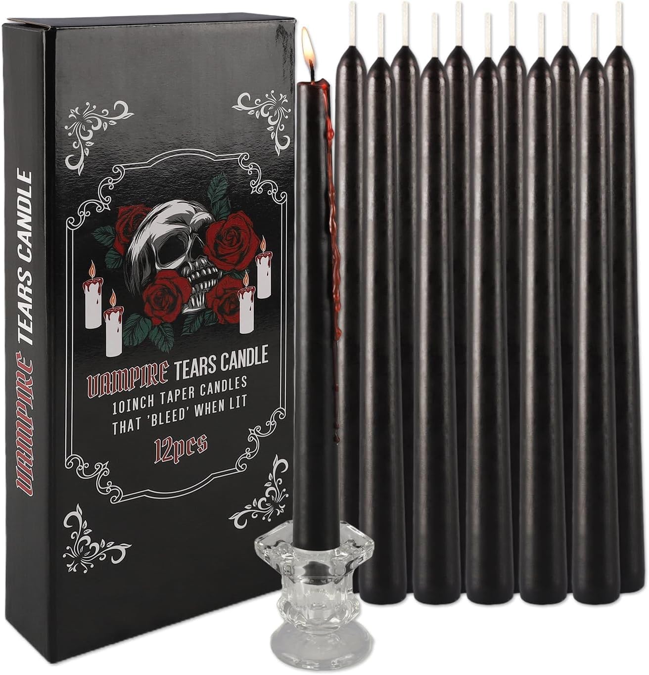 Pliadvbu 12PCS 10-Inch Black Bleeding Taper Candles,Vampire Tears Taper Candles- Unscented Ideal for Halloween, Christmas, Rituals, and Themed Party Decor
