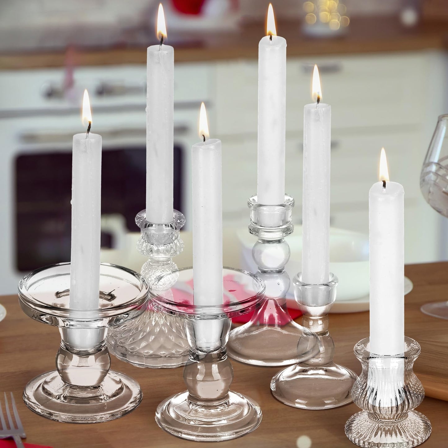 Potchen 8 Pieces Glass Taper Candle Holders Clear Short Stripe Taper Candlestick Holders Bulk Elegant Glass Candle for Table Centerpiece Wedding Christmas Party Decor Festival Home Decoration