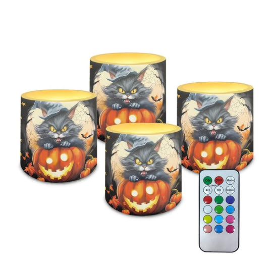 Merkmak Set of 4 Flameless Candles, Halloween Pumpkin Cat Battery Operated LED Candles with Timer Remote Control Tea Lights for Trick or Treat Party Home Decorations