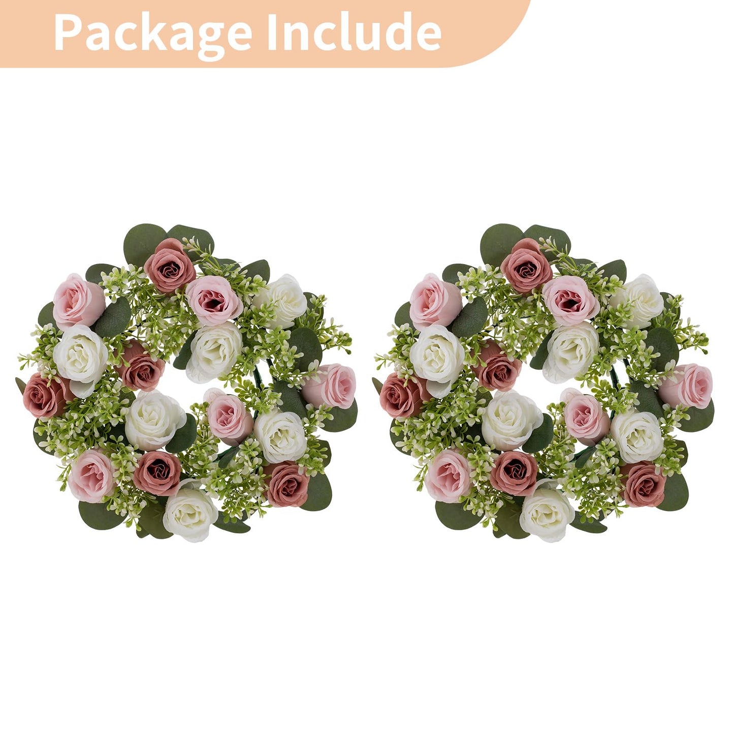 NUPTIO Flower Candle Rings for Centerpieces: 13.4 Inch Artificial Rose Wreath for Wedding Party Christmas - Dusty Rose & White Wreaths for Spring Summer Front Door Porch Table Decor 2 Pcs