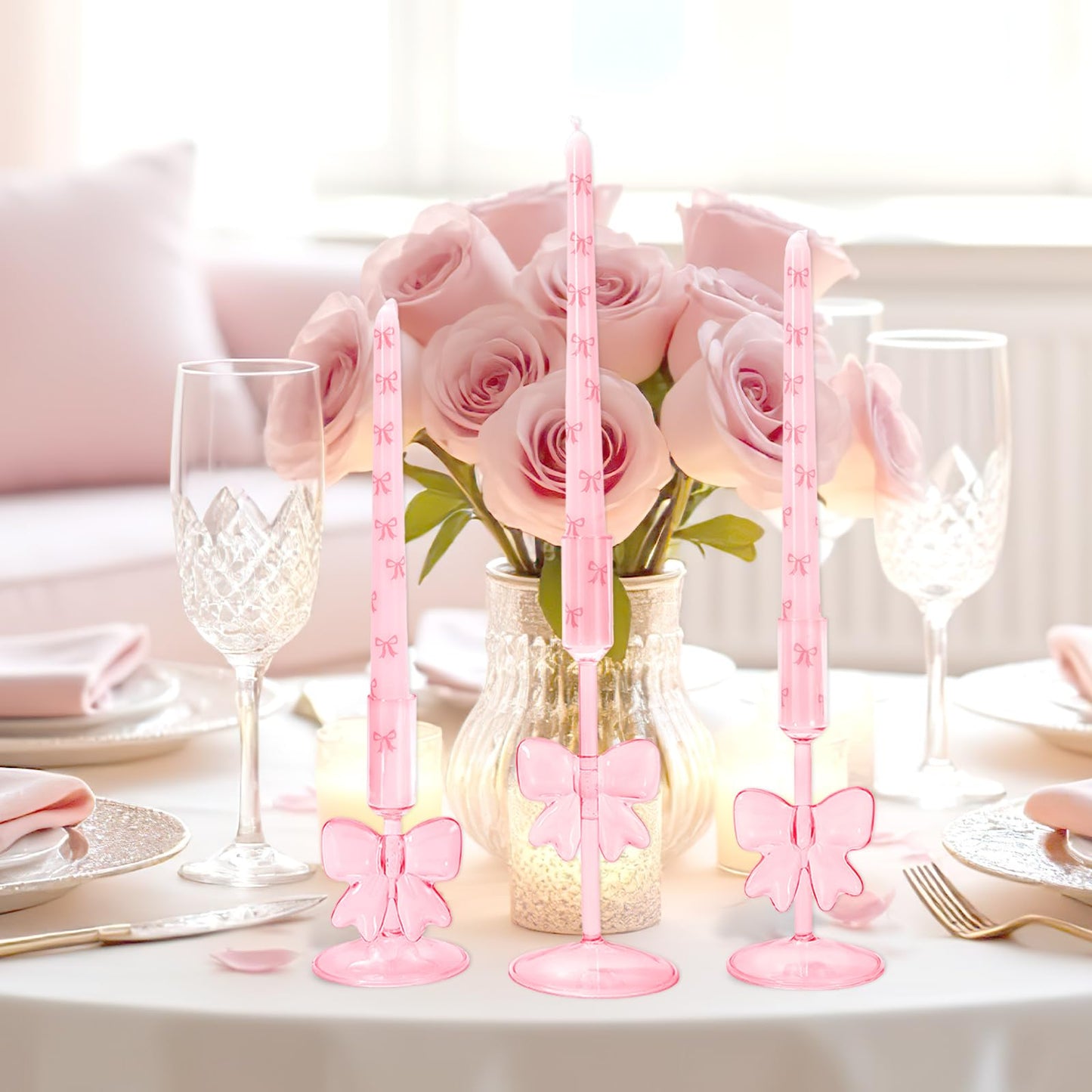 JarThenaAMCS 3Pcs Valentine's Day Glass Pink Bow Candle Holder Coquette Candle Stick Holder Stand for Home Room Party Dining Table Centerpiece Baby Shower Girls Birthday Decorations