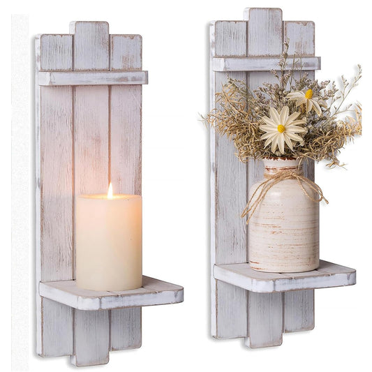 Farmhouse Candle Sconces Wall Decor: Set of Two Rustic Wood Wall Candle Holder - Distressed White Candle Sconces for Bedroom Living Room Bathroom