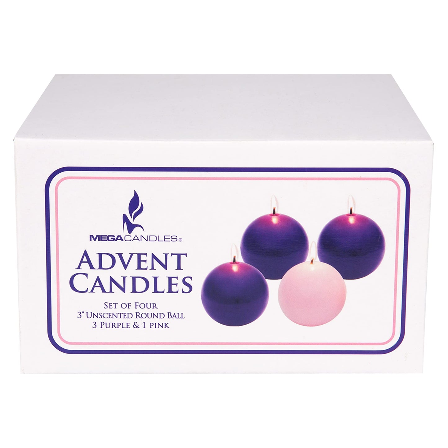 Mega Candles 4 pcs Unscented Christmas Advent Candles Set, Hand Poured Premium Wax Round Ball Candle 3 Inch Diameter, Holidays, Festivities, Devotional, Church, Wreath, Party, Gifts