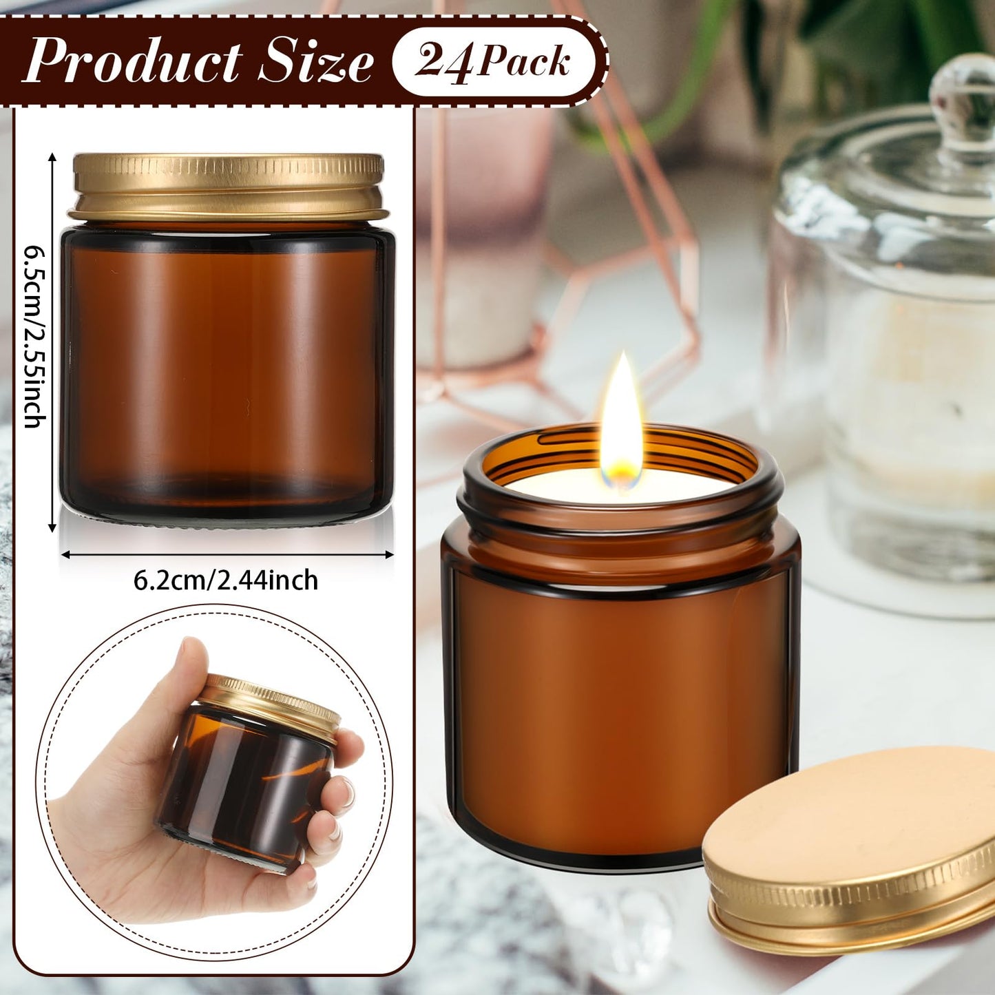 Zhehao 24 Pcs Glass Candle Jars with Lids Bulk, Round Empty Candle Container Tins, Dishwasher Safe and Leakproof DIY Crafts(Amber,Gold,4 oz)