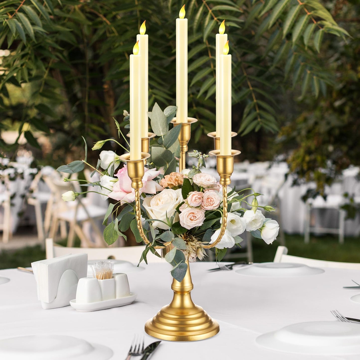 Rtteri 6 Pcs Gold Candelabra Candlestick Holder Metal Candle Stand Candelabra for Taper Candles Table Centerpieces Wedding Christmas Holiday Birthday Party (11.8 x 9.45 x 4.1 Inch,5 Arm)