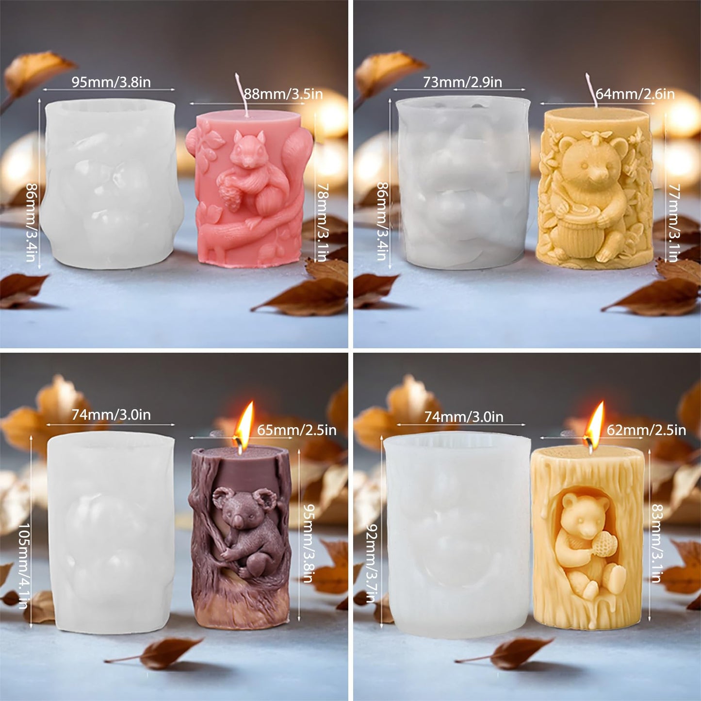 4 Pack 3D Animal Silicone Candle Molds, DIY Bear Koala Squirrel Pillar Candle Molds, Epoxy Resin Casting Molds for DIY Resin Craft, Candle & Soap Making, Perfect for Home Decor