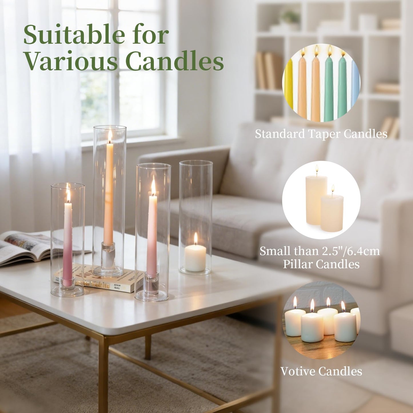 Glasseam Hurricane Taper Candle Holders: Set of 3 Glass Candlestick Holders with Clear Tall Cylinder Candle Sleeves for Centerpiece Table Outdoor Wedding Home Decor 9.84''/11.84''/13.78''