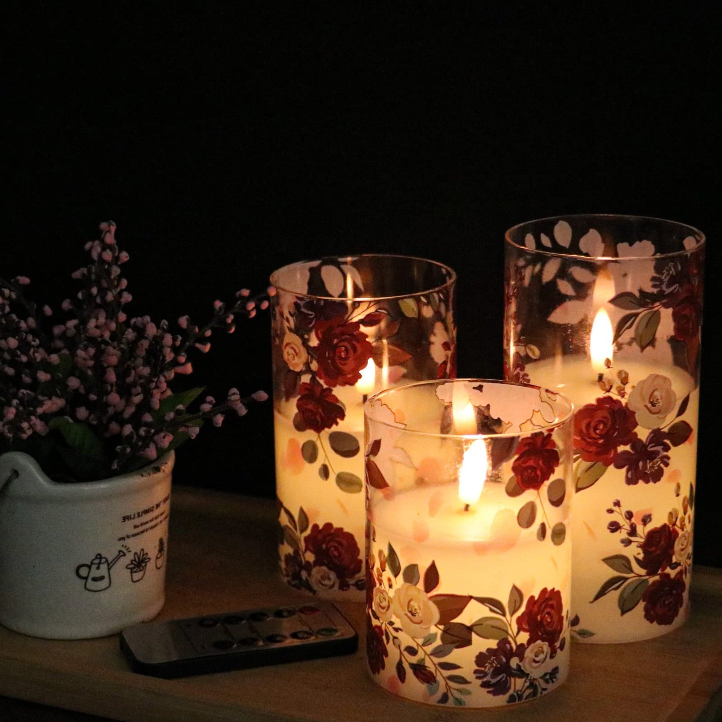 DRomance Battery Operated Glass Flameless Candles with Remote and Timer Real Wax 3D Wick Flickering Rose LED Pillar Candles Wedding Dinner Christmas Holiday Decor D3 x H4, 5", 6"