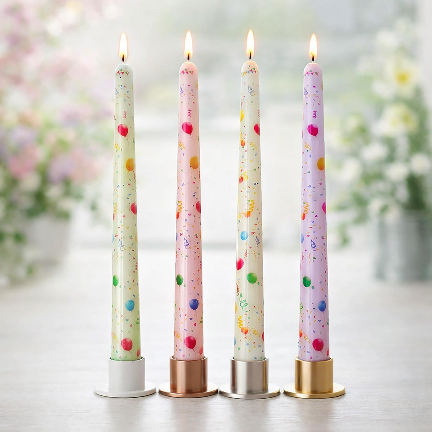 FYBW 10 Inch Decorative Taper Candles, 4 Pack Birthday Balloon Print Candlesticks, Unscented Dripless Candles with Long Burn Time for Party, Holiday Table & Home Decor