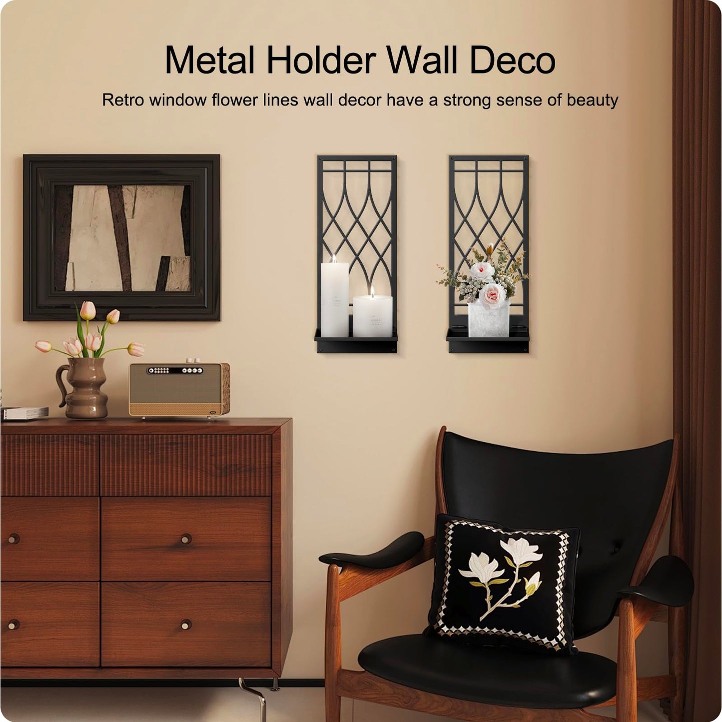 Wall Candle Holder, Black Metal Wall Art, Line Wall Candle Holder for Living Room, Dining Room, Bedroom, Bathroom (2 Pack, 16.5 x 7 in)