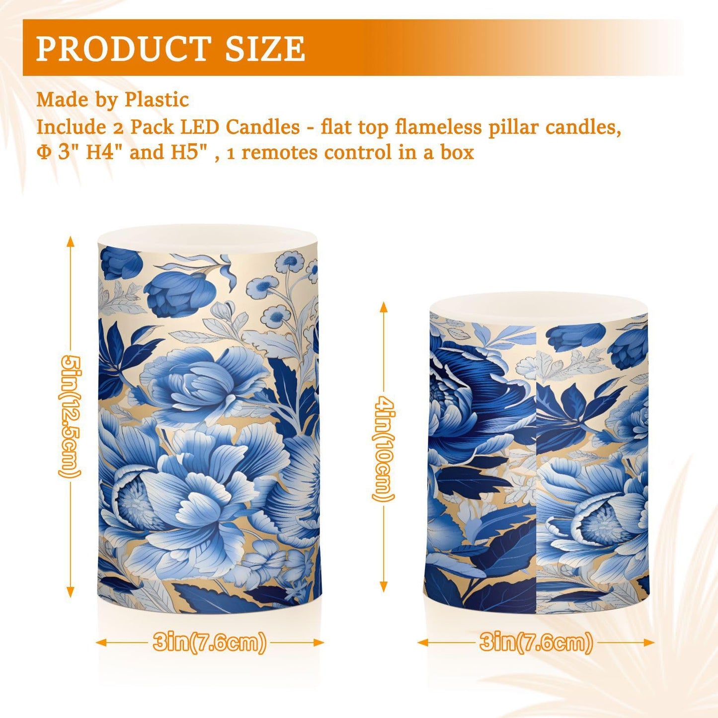 ALAZA White Navy Blue Flowers Floral Flickering Flameless Candles Battery Operated with Remote Timer,Tea Light Candles LED Pillar Votive Candles Set of 2 for Outdoor Indoor Decorations