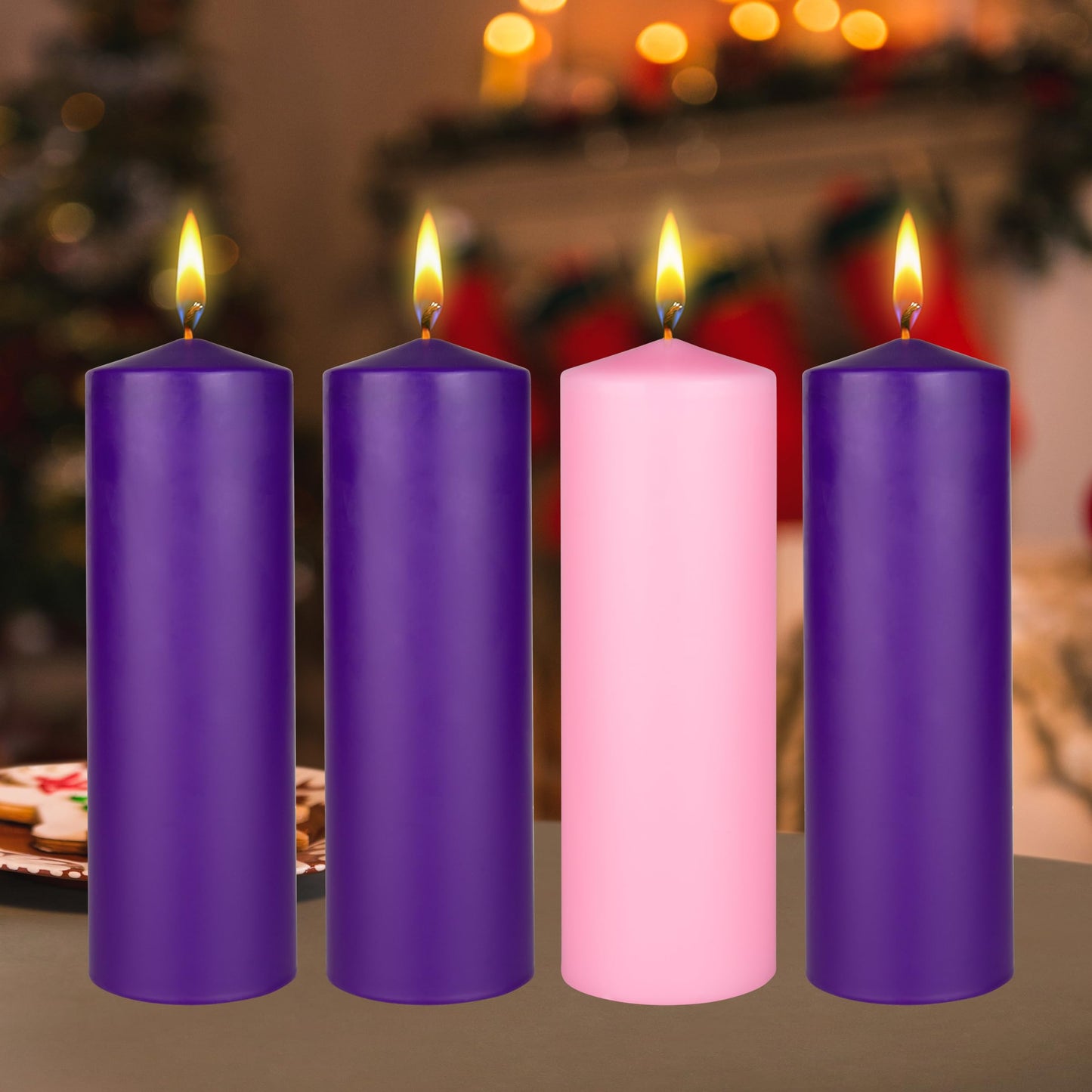 Mega Candles 4 pcs Unscented Christmas Advent Candles Set, Hand Poured Premium Wax Dome Top Round Pillar Candle 3 Inch x 9 Inch, Holidays, Festivities, Devotional, Church, Wreath, Party, Gifts