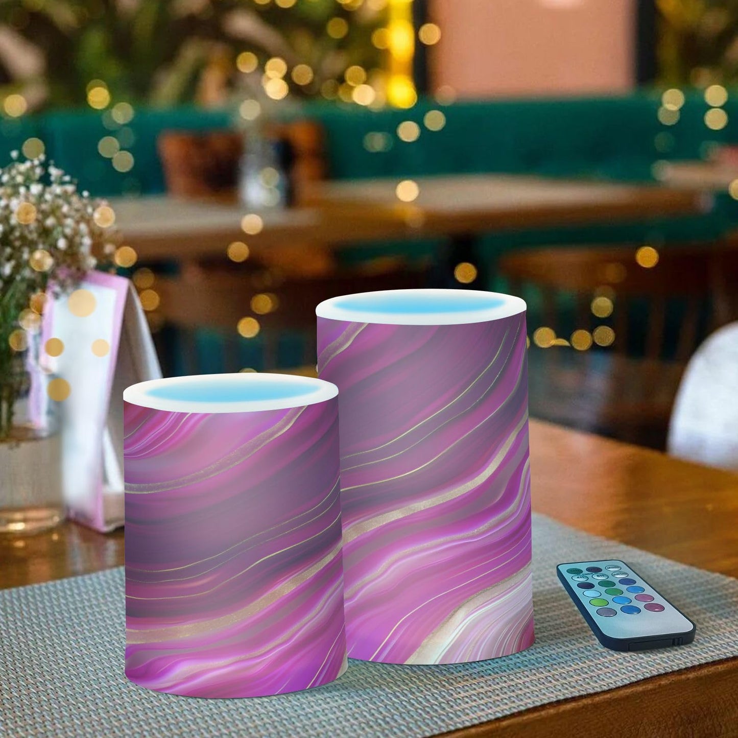 BOENLE Flickering Flameless Candles, Fuchsia Gold Fluid Marble LED Candles with Remote Timer, Set of 2 Battery Operated Candle for Valentine Wedding Birthday