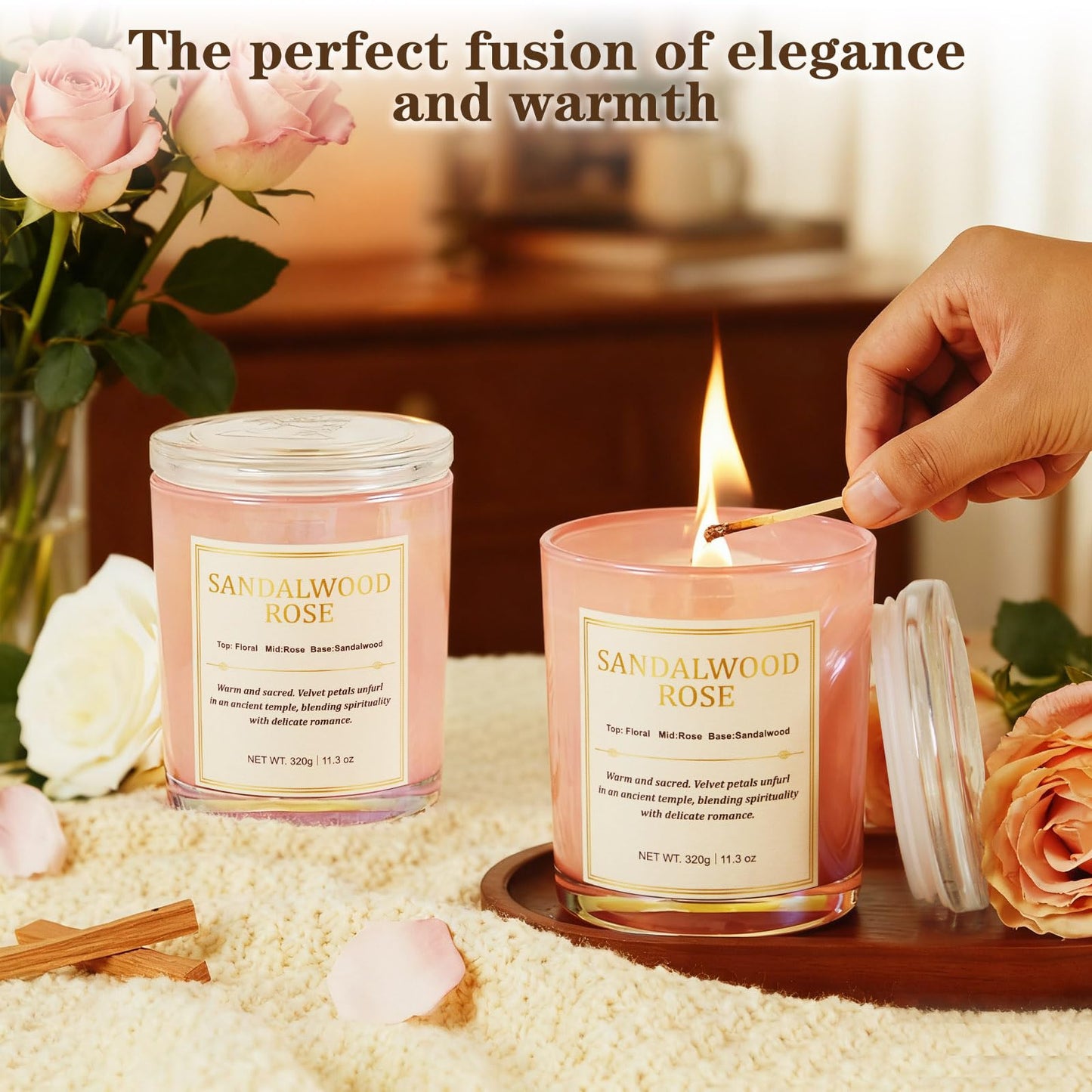 Scented Candles for Home, 2 Pack Wood Wick Sandalwood Rose Scented Candle,22.6 oz 150 Hour Long Burning Lasting, Natural Soy Wax Candles Gifts Set